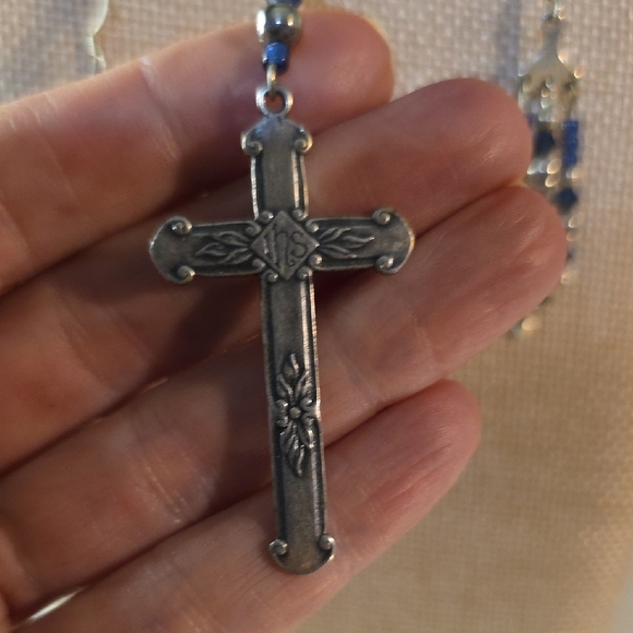 Blue and Silver Beaded Necklace and Earring Set With Cross Pendant - Picture 5 of 7